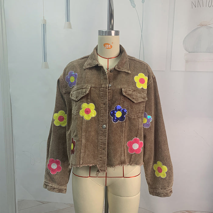Color-Brown-Autumn Winter Corduroy Patchwork Sequined Jacket Top Women Varsity Jacket-Fancey Boutique