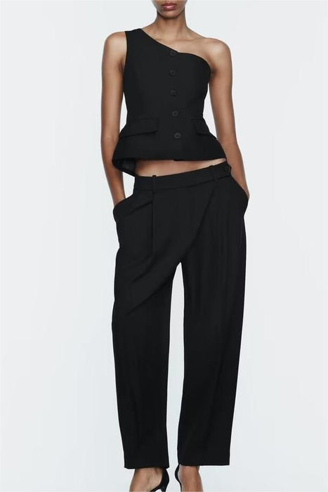 Casual Autumn Asymmetric Slim Vest Pleated Skinny Pant-Fancey Boutique