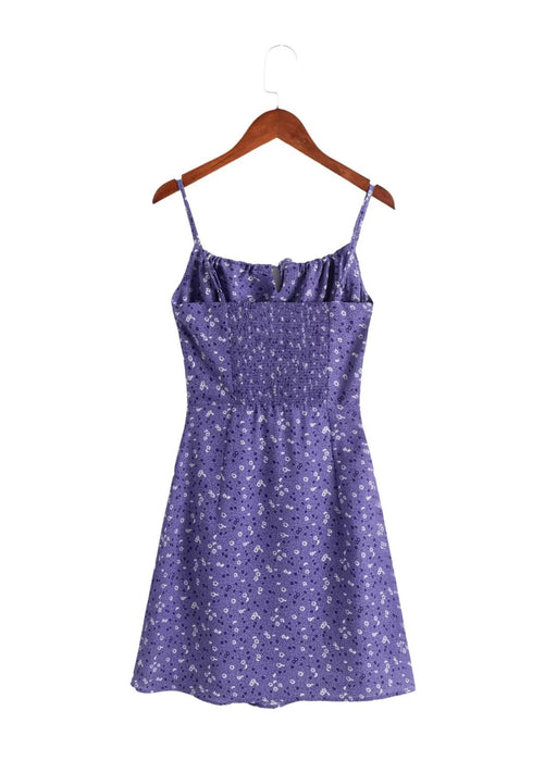 Sweet Purple Floral Flat Mouth Slip Dress Women Summer Slim Fit Slimming Spaghetti Straps Dress-Fancey Boutique