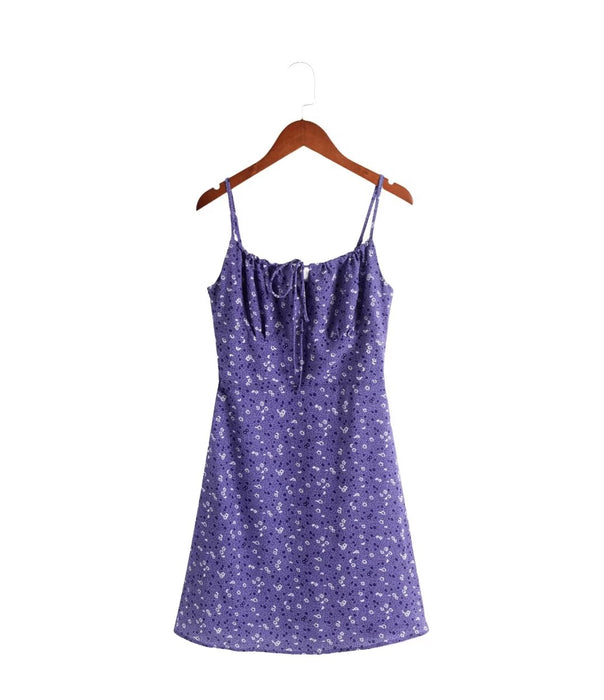 Sweet Purple Floral Flat Mouth Slip Dress Women Summer Slim Fit Slimming Spaghetti Straps Dress-Purple-Fancey Boutique