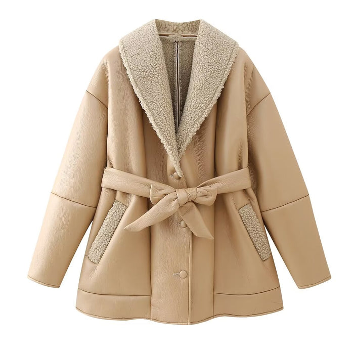 Color-Khaki-Women Clothing Autumn Winter Cashmere Leather Fur Collar Composite Belt Coat-Fancey Boutique