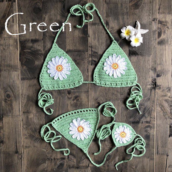 Color-Apple Green-Vacation Split Swimsuit Hand-Woven Daisy Pattern Beach Bikini-Fancey Boutique