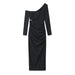 Color-Black-Winter Women Clothing Wind Black Asymmetric Fold Midi Dress Dress-Fancey Boutique