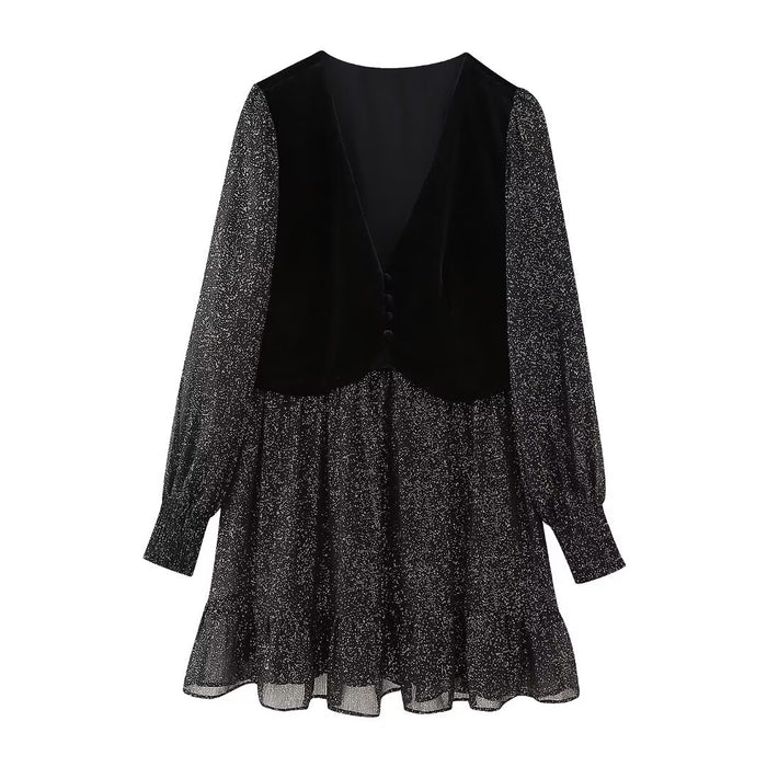 Color-Black-Autumn Winter Women Clothing Vest Stitching V Neck Dress-Fancey Boutique