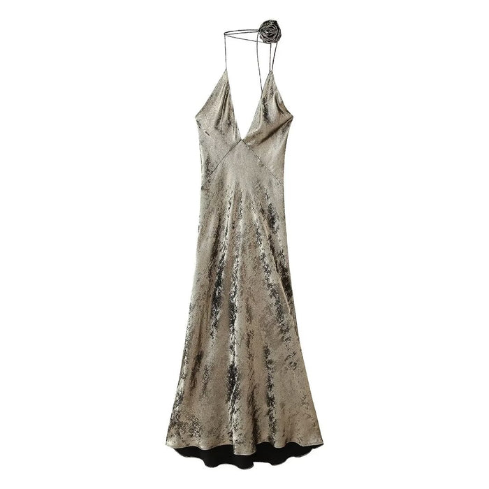 Color-Gold-Women Metal Foil Floral Decoration Length Dress-Fancey Boutique