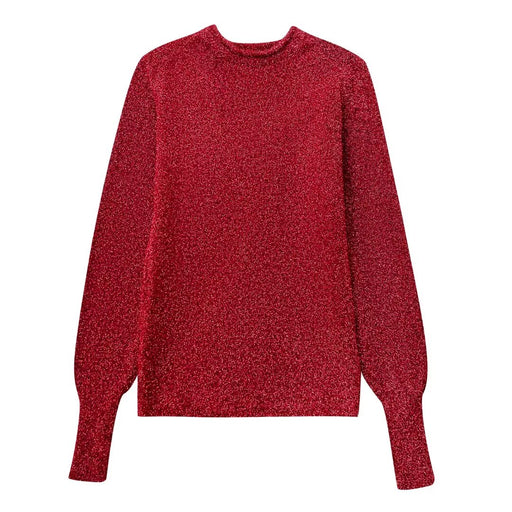 Color-Red-Women Clothing French Metal Foil Round Neck Long Sleeve Backless Sweater-Fancey Boutique