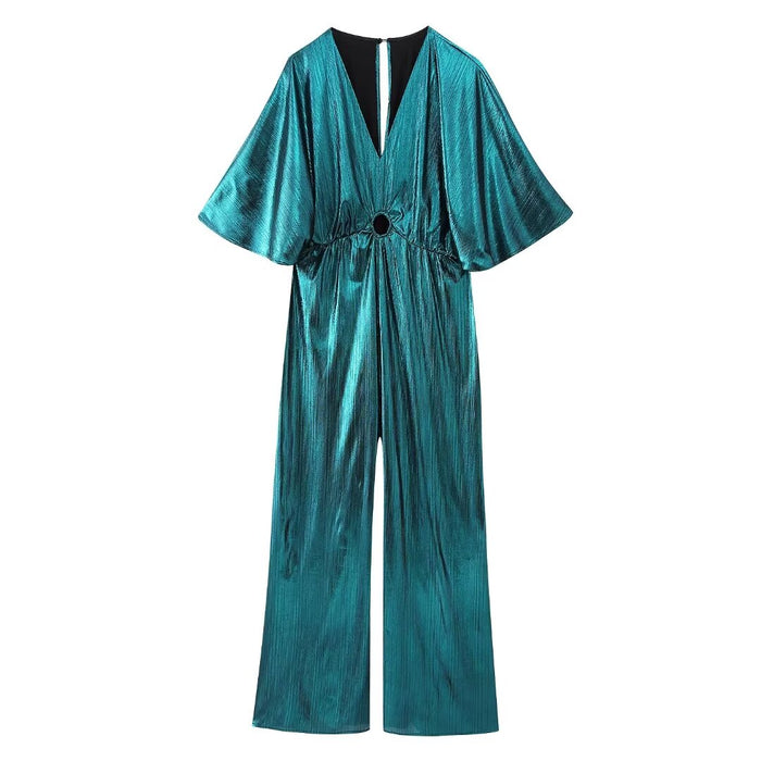 Color-Peacock Green-Winter Metal Series Small Pleated Long Jumpsuit-Fancey Boutique