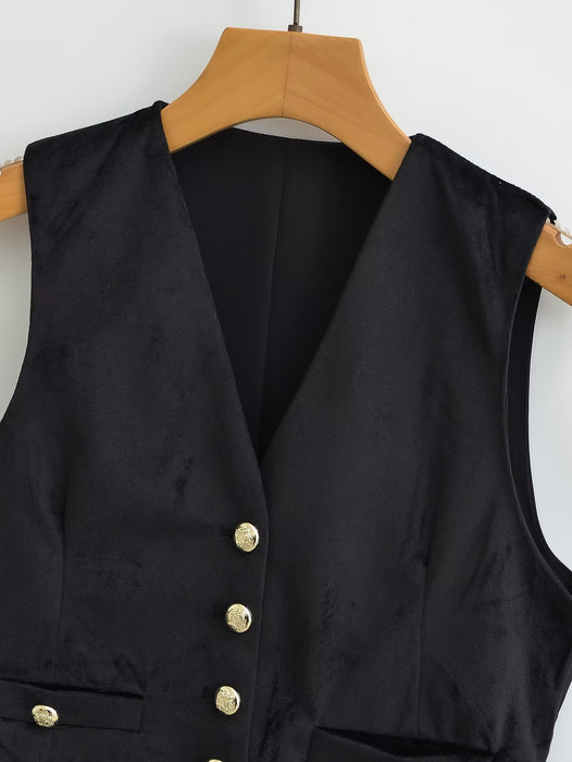 Women Clothing French Black Velvet V Neck Vest Jacket-Fancey Boutique