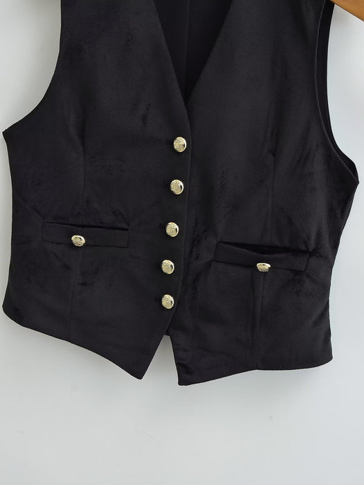 Women Clothing French Black Velvet V Neck Vest Jacket-Fancey Boutique