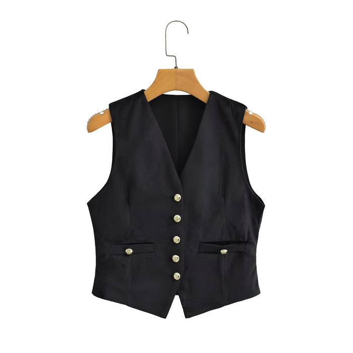 Women Clothing French Black Velvet V Neck Vest Jacket-Black-Fancey Boutique