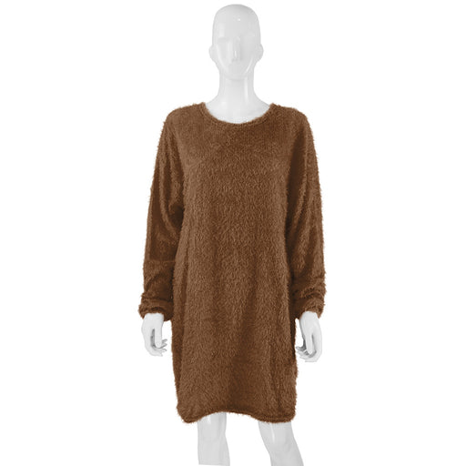 Color-Brown-Autumn Winter Women Clothes Mid Length Long Sleeve Round Neck Loose Plush Dress-Fancey Boutique