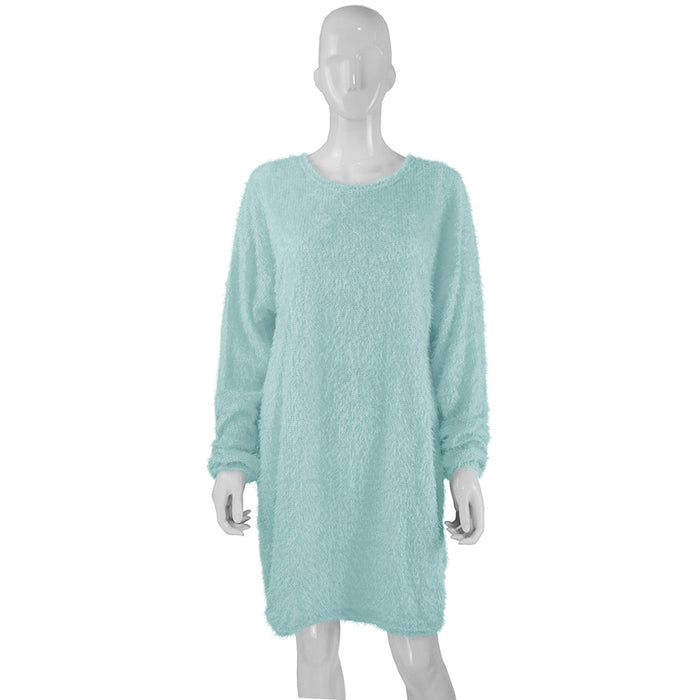 Color-Light Blue-Autumn Winter Women Clothes Mid Length Long Sleeve Round Neck Loose Plush Dress-Fancey Boutique