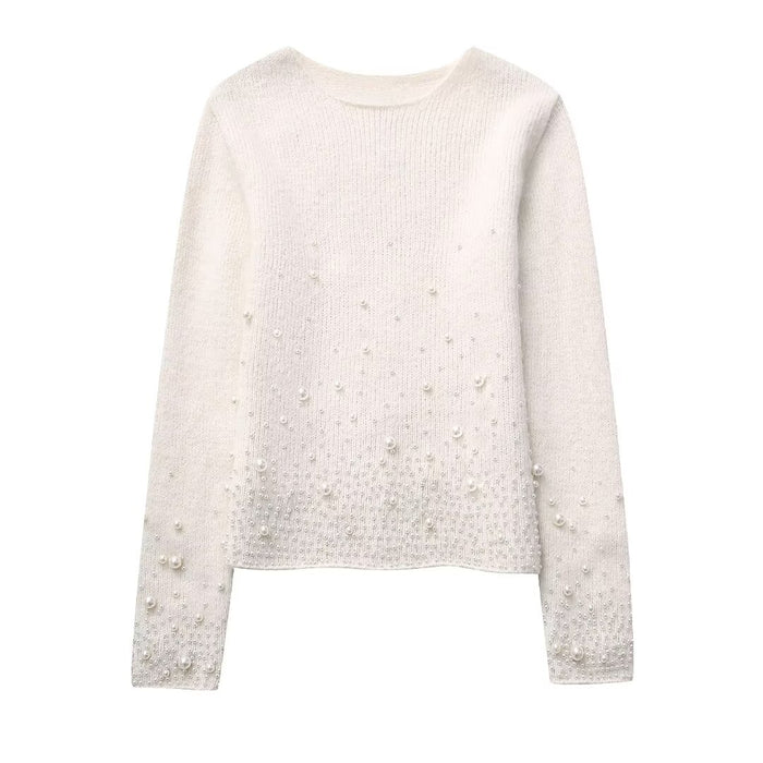 Color-White Top-Winter Women Clothing Decorated Pearls Knitwear Mini Skirt-Fancey Boutique