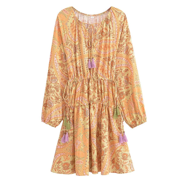 Color-Pale Yellow-Women Autumn Loose Rayon Washed Printed Tassel Dress-Fancey Boutique