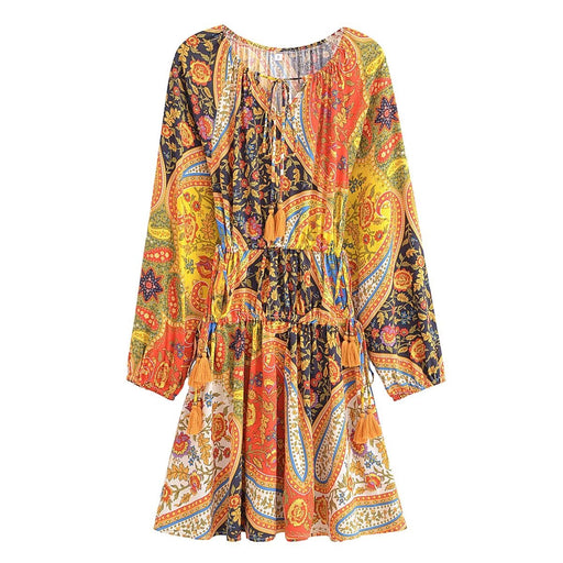 Color-Yellow-Women Autumn Loose Rayon Washed Printed Tassel Dress-Fancey Boutique