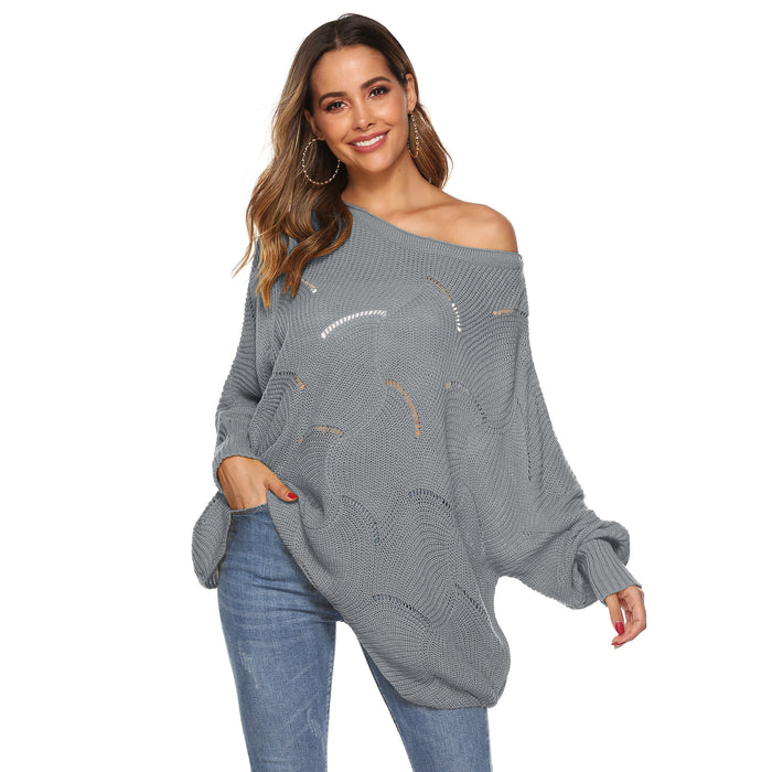 Color-Gray-Women Clothing Irregular Asymmetric Loose Lantern Batwing Sleeve Hollow Out Cutout Woven Pullover Sweater-Fancey Boutique