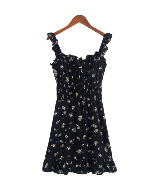 Vintage Ruffled Slim Fit Mid Length Vacation Women Printing Slip Dress-Black-Fancey Boutique