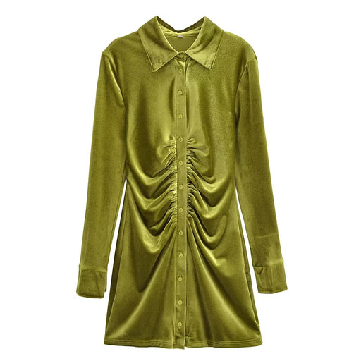 Color-Green-Winter Women Clothing Slim Fit Slimming Long Sleeve Pleated Shirt Dress-Fancey Boutique