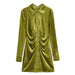 Color-Green-Winter Women Clothing Slim Fit Slimming Long Sleeve Pleated Shirt Dress-Fancey Boutique