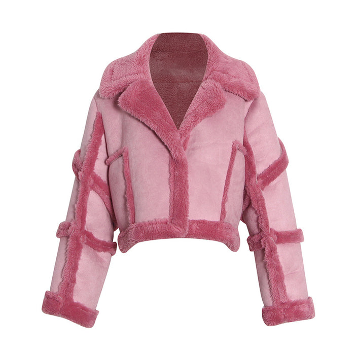 Color-Pink-Leather Fur Thickened Coat for Women Winter Polo Collar Solid Color Stitching Lamb Wool Short Jacket for Women-Fancey Boutique