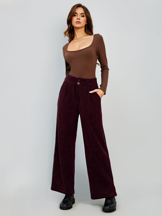 Color-Burgundy-Autumn Winter Women Clothing Corduroy Wide Leg Pants Women High Waist Casual Straight Leg Office-Fancey Boutique