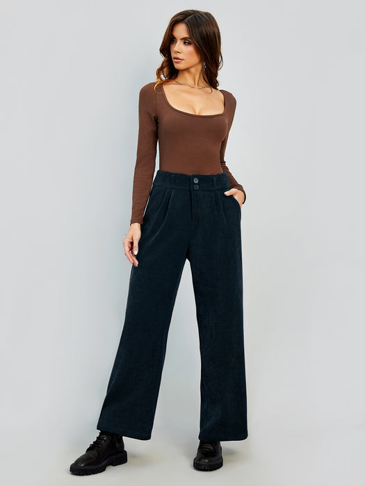 Color-Blue-Autumn Winter Women Clothing Corduroy Wide Leg Pants Women High Waist Casual Straight Leg Office-Fancey Boutique