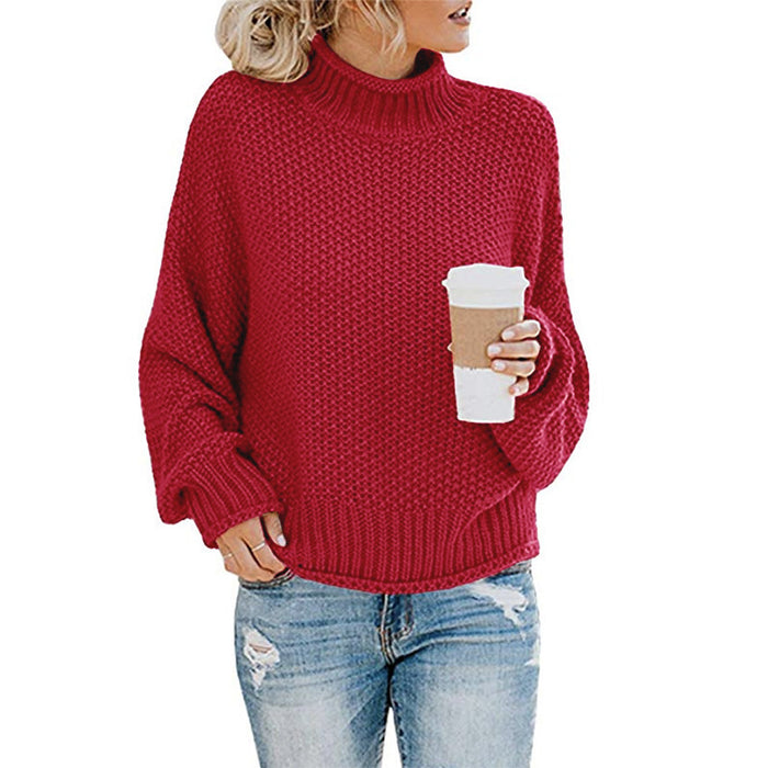 Color-Burgundy-Autumn Winter Knitwear Women Clothing Thick Thread Turtleneck Pullover Women-Fancey Boutique
