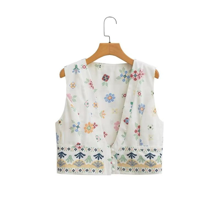 Summer Women Casual Retro Casual Printed Vest-White-Fancey Boutique