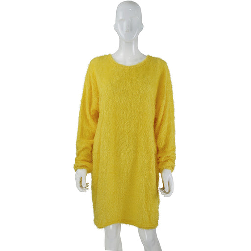 Color-Yellow-Autumn Winter Women Clothes Mid Length Long Sleeve Round Neck Loose Plush Dress-Fancey Boutique