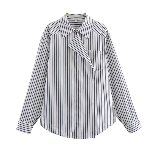 Color-Stripe-Winter Women Clothing Simple Strapless Diagonal Buckle Stripe Design Loose Shirt Top-Fancey Boutique