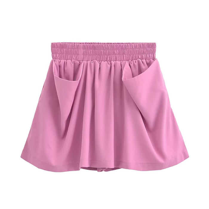 Color-Pink-Women Clothing Fashionable All-Match Pleated Casual Shorts with Pockets-Fancey Boutique