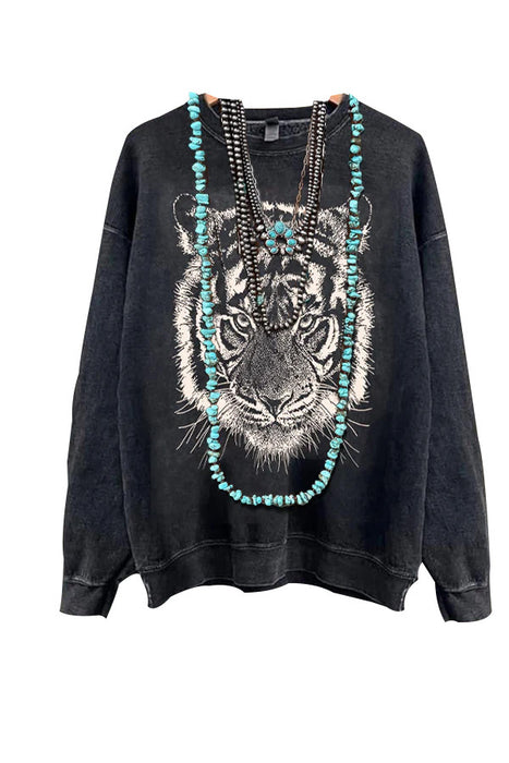 Color-Black-Ladies Autumn Winter Basic Round Neck Loose Sweatshirt Tiger Offset-Fancey Boutique