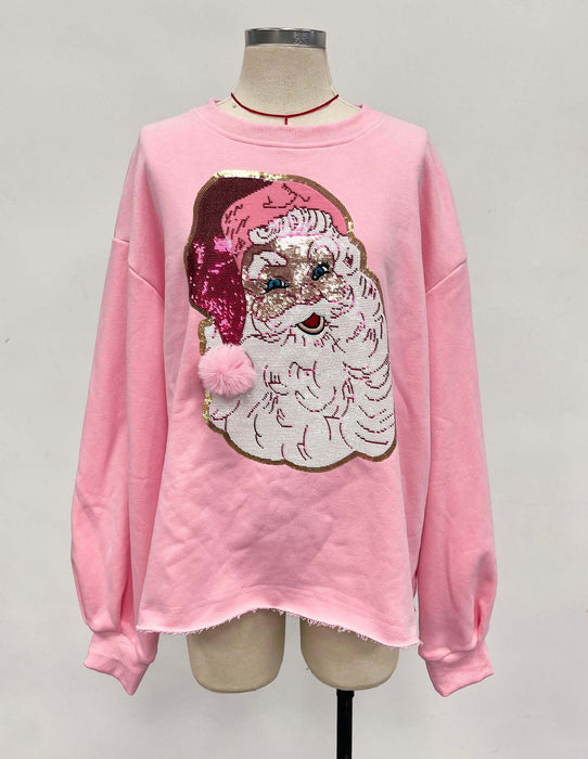 Color-Pink-Ladies Christmas Santa Claus Sequined Embroidered Cotton Loose Casual Pullover-Fancey Boutique