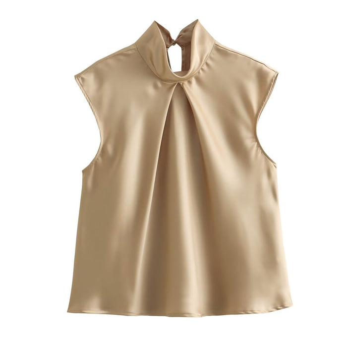 Color-Gold-Spring Women Clothing Elegant Slightly Mature Design Silk Satin Textured Top-Fancey Boutique