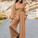 Color-Brown-Autumn Winter Women Long Sleeve Trousers Jumpsuit Wide Leg Pants V neck Solid Color-Fancey Boutique