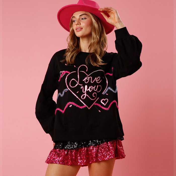 Color-Black-Spring Valentine Day Love Sequin Sweater Women Loose Round Neck Knitted Top-Fancey Boutique