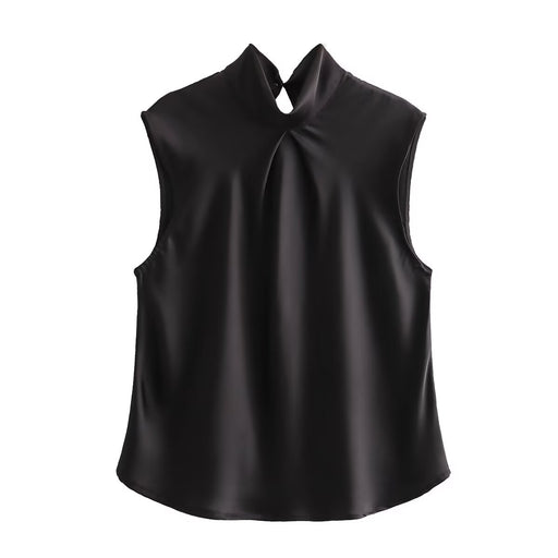 Color-Black-Spring Women Clothing Elegant Slightly Mature Design Silk Satin Textured Top-Fancey Boutique