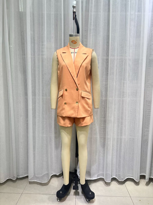 Color-Orange-Women Autumn Suit Collar Mid Length Double Breasted Vest Jacket Set-Fancey Boutique
