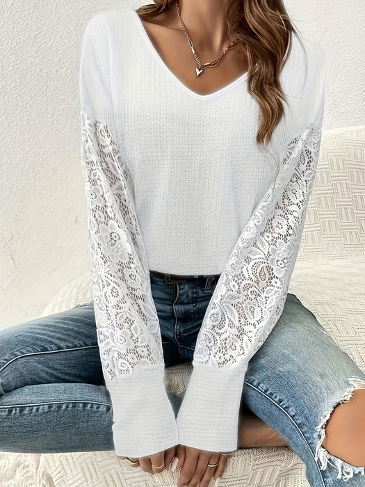 Color-White-Women Waffle Lace V Neck Casual Long Sleeve Women Casual Long Sleeve Top-Fancey Boutique