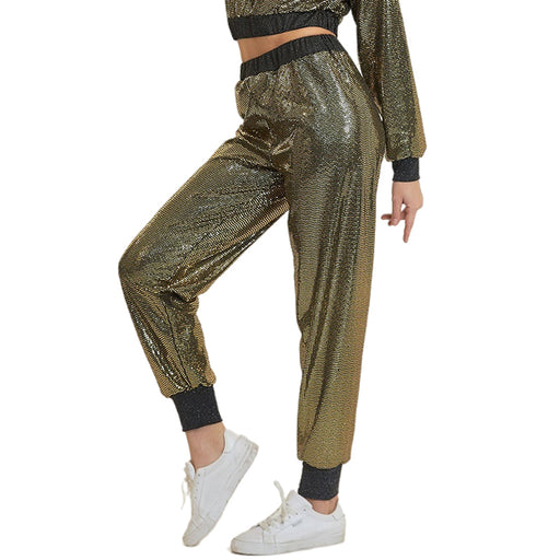 Color-Gold-Sweatpants Women Stage Seven Color Sequ Ankle Tied Trousers Elastic Waist Casual Trousers-Fancey Boutique