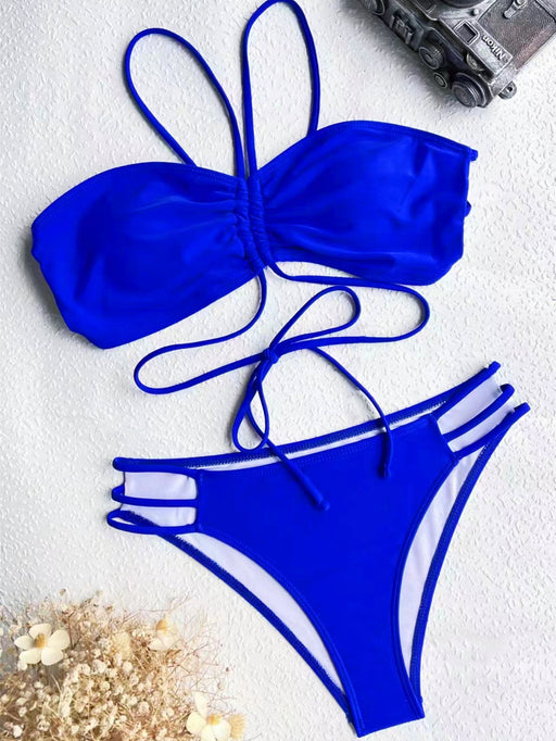 Color-Royal Blue-Bikini Double Bikini Solid Color Swimsuit Sexy Swimwear Women Backless Swimsuit Strap Bikini-Fancey Boutique