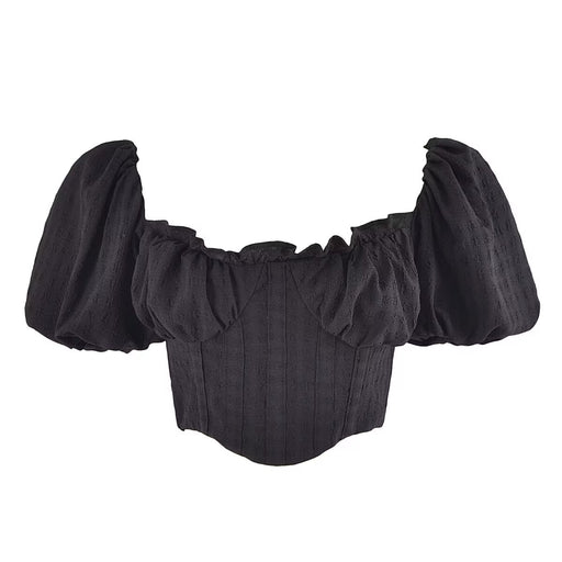 Color-Black-Summer Sexy Bubble Sleeve Short Sleeve Elastic Zipper Slim Fit Keel Top-Fancey Boutique