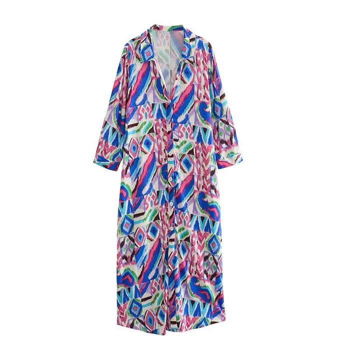 Color-Multi-Summer Women Collared Print Long Sleeve Single Breasted Long Shirt Dress-Fancey Boutique