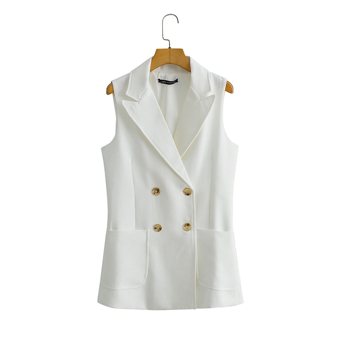 Women Clothing Summer Double Breasted with Belt Long Vest-White-Fancey Boutique