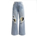 Knee Ripped Jeans Women High Waist Long Wide Leg Pants Light Color Water Scrubbing Casual Pants-Fancey Boutique
