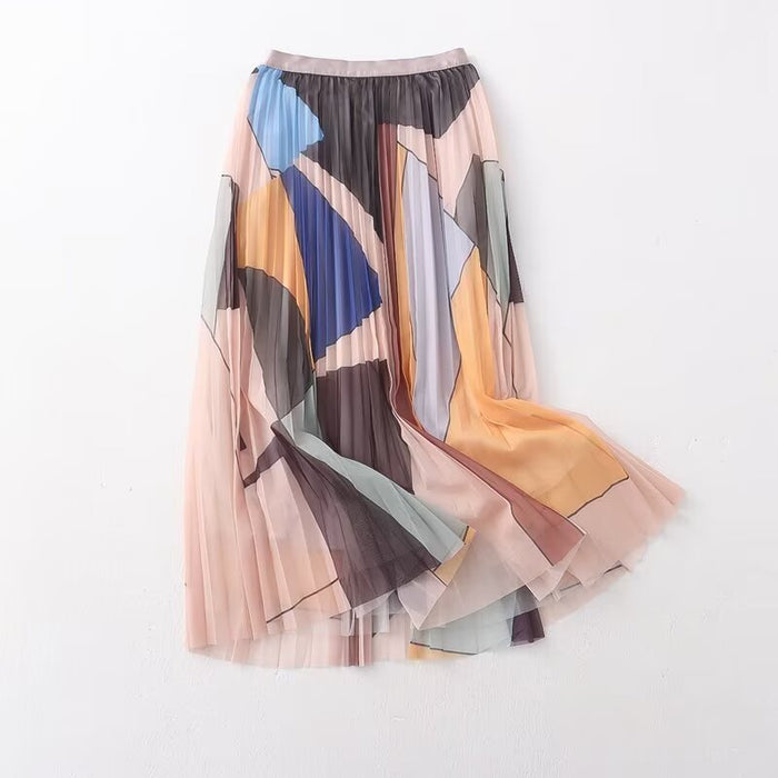 Color-Apricot Blue-Summer Elastic Waist Color Printed Mesh Pleated Skirt Women-Fancey Boutique