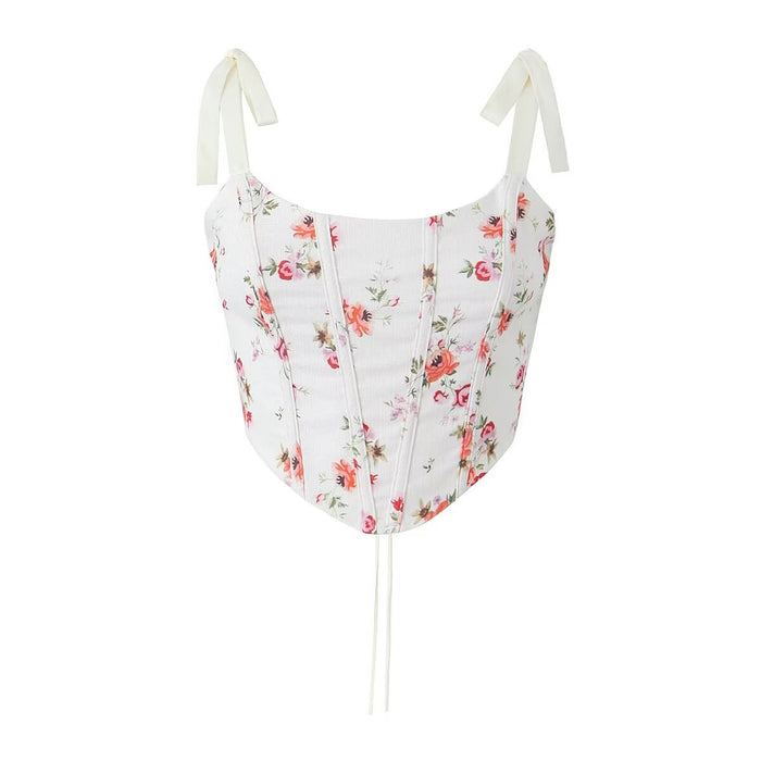 Color-White-Early Spring Pastoral Floral Top Boning Corset Body Shaping Sexy Sling-Fancey Boutique