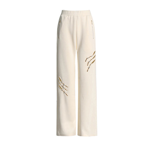 Color-White-Casual Solid Color Loose Hollow Out Cutout Design Diamond Embedded Decorative Women Wide Leg Pants Sports Pants-Fancey Boutique