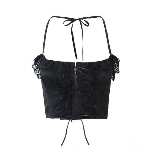 Color-Black-Sweet Spicy Lace Ruffled Short Cropped Halter Small Sling Summer Slim Fit Sexy Bottoming Vest-Fancey Boutique