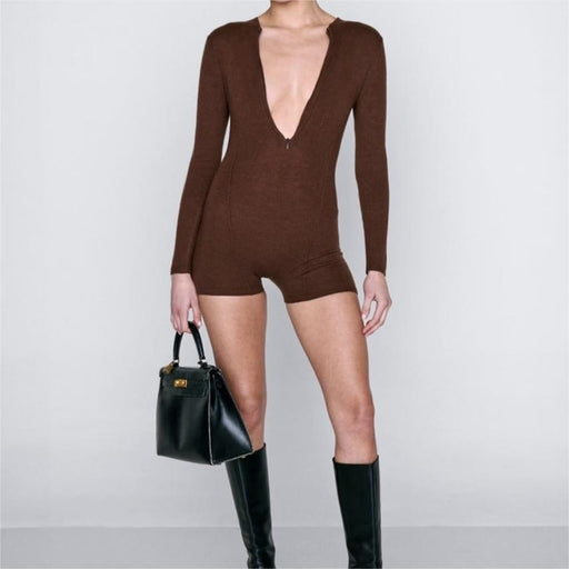 Spring Zipped Round Neck Stretch Long Sleeve Knitted Solid Color Slim Fit Bodysuit Shorts-Fancey Boutique